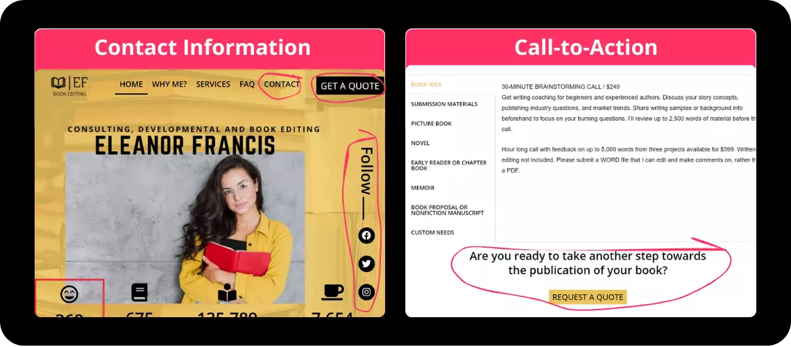 Design of contacts and CTA on the book editor's portfolio website